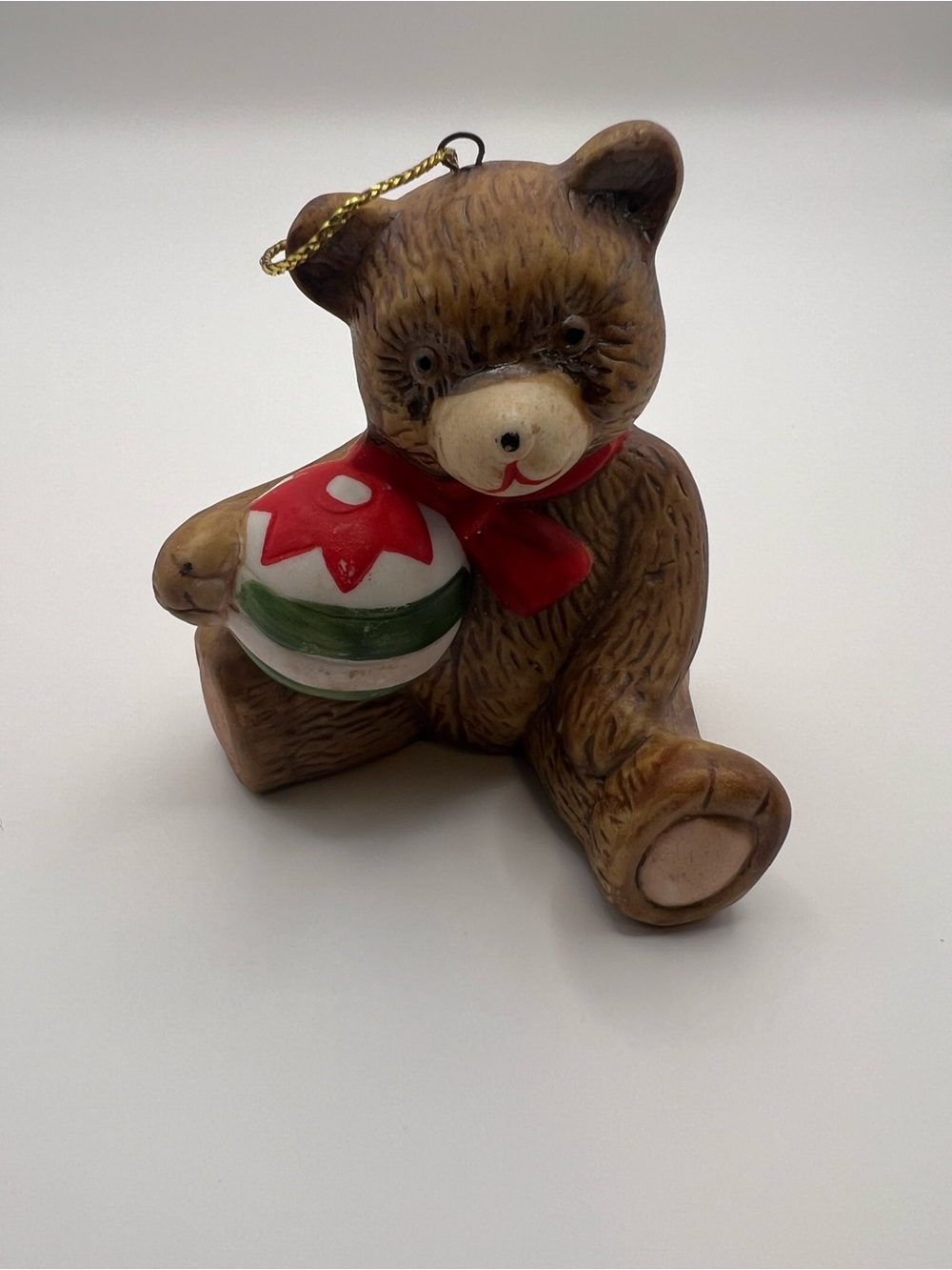 Brown Bear Ornament with Red Scarf and Holiday Ball - Unbranded